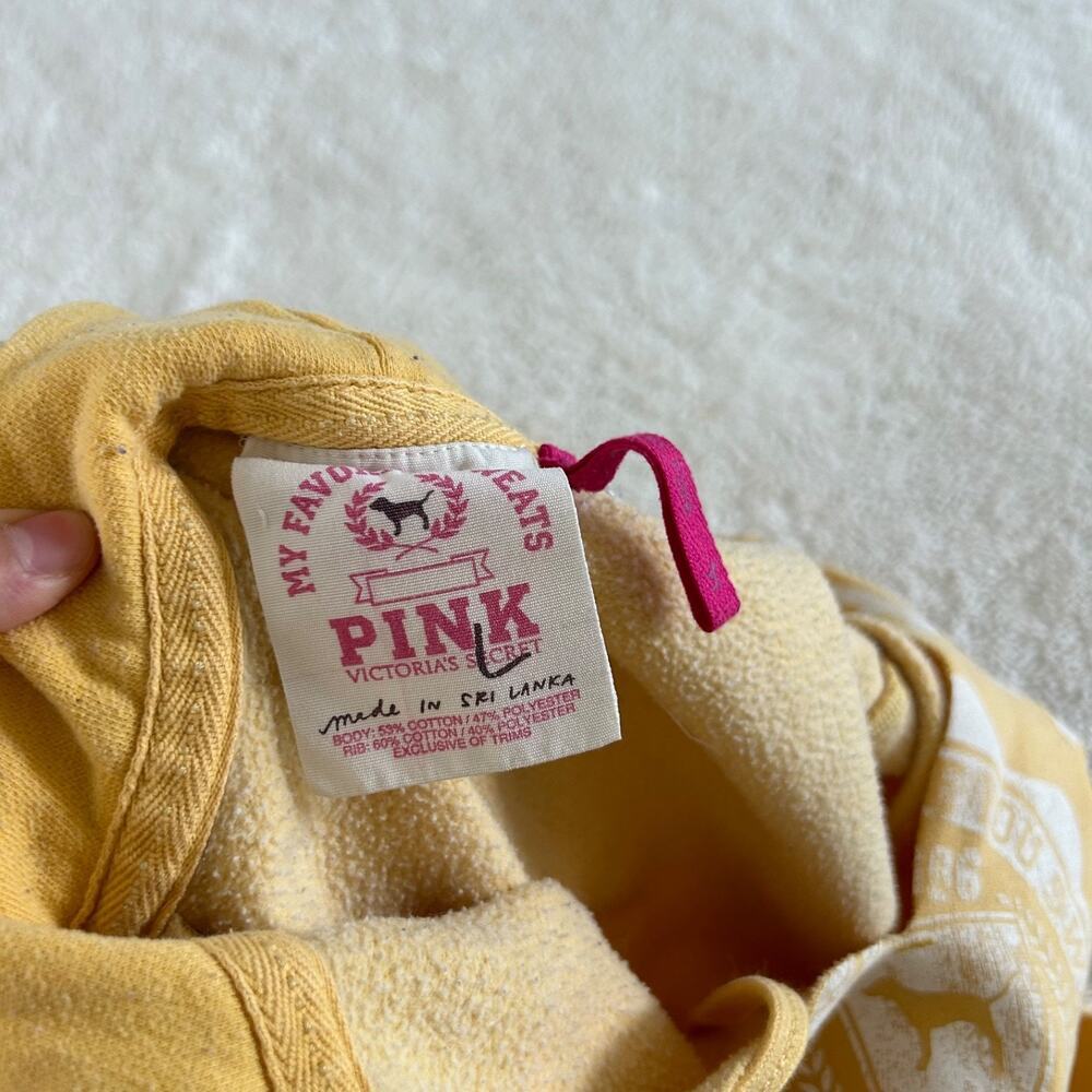 VTG Y2K Victoria's Secret PINK Hoodie Yellow V-Neck Graphic Print College Preppy - Picture 6 of 6